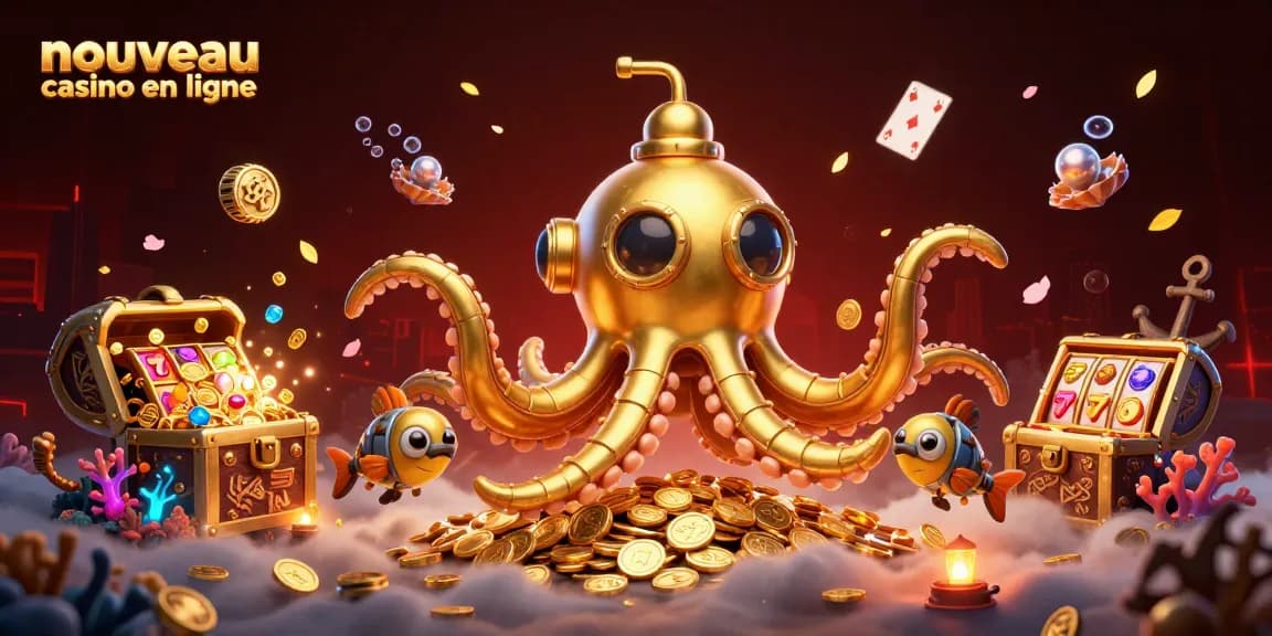 Un nouveau casino en ligne vibrant avec un kraken en 3D émergeant d'une mer de pièces d'or.