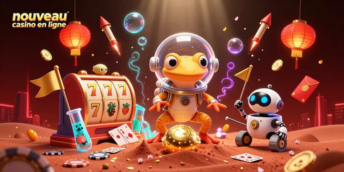 La scène dynamique d'un nouveau casino en ligne avec des personnages extraterrestres et des éléments de jeu enrichissants.