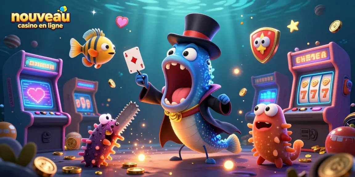 Plongez dans l'univers fascinant du nouveau casino en ligne avec un poisson-lanterne et une anguille gulper jouant aux cartes sous l'eau.