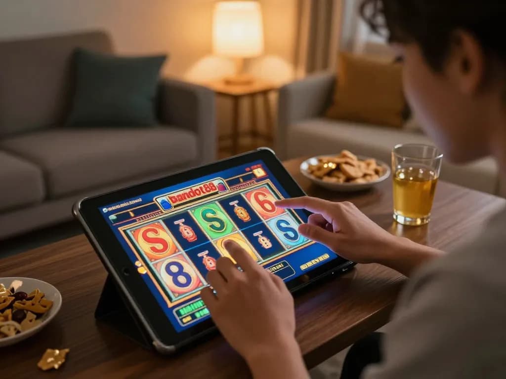 Engaging with bandot88 link on a tablet during an online gaming session in a cozy living room