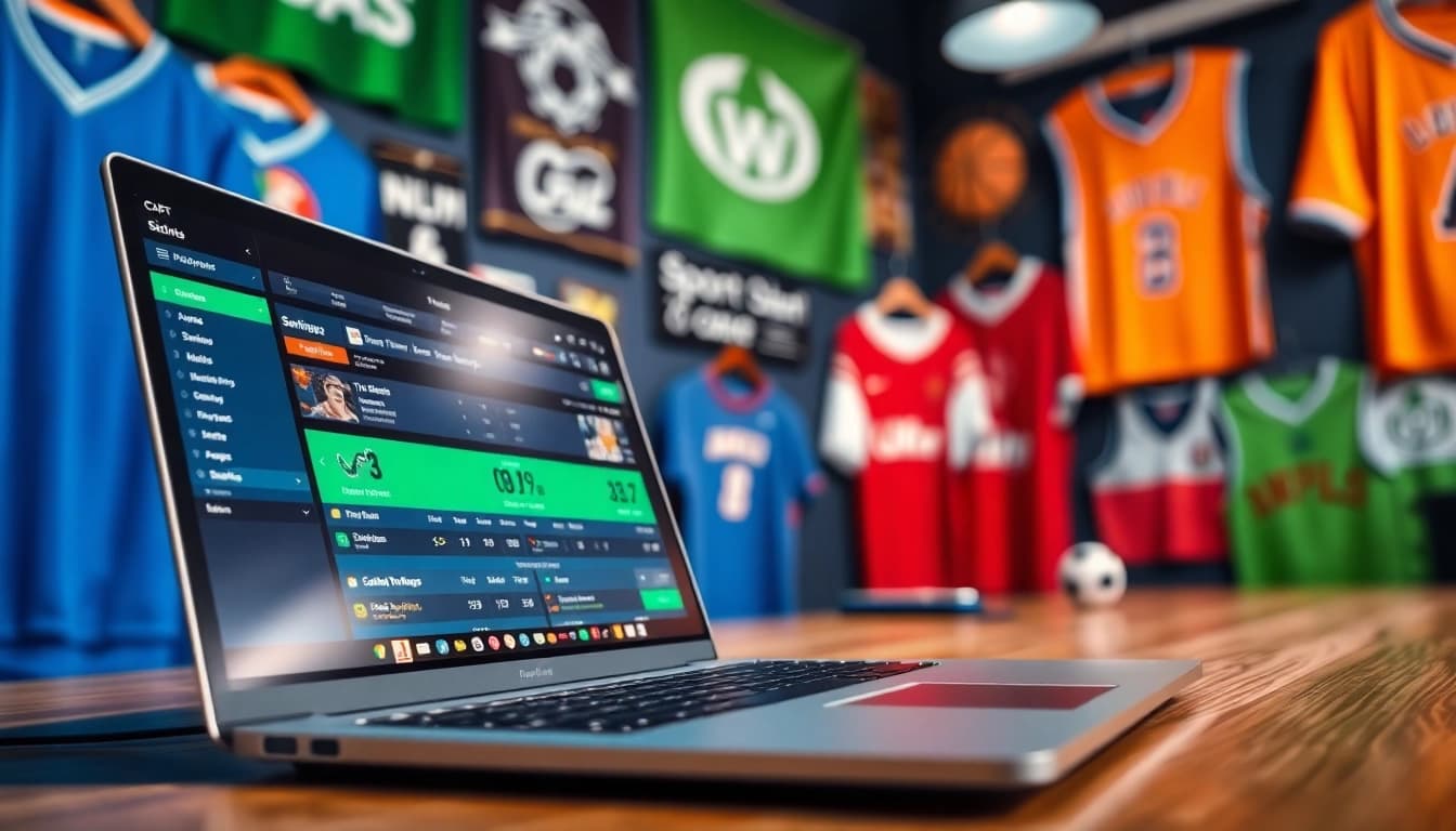 Engaging online sports betting South Carolina setup with a laptop and sports memorabilia.