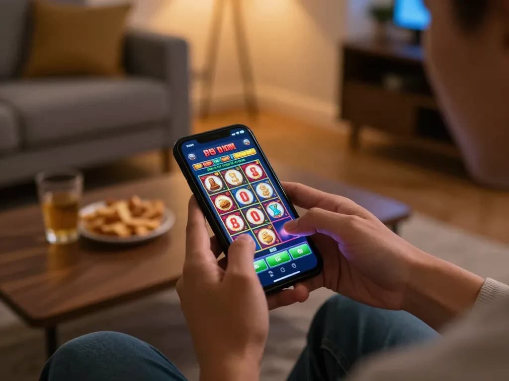 Playing engaging slot games on a smartphone in a cozy living room setting.