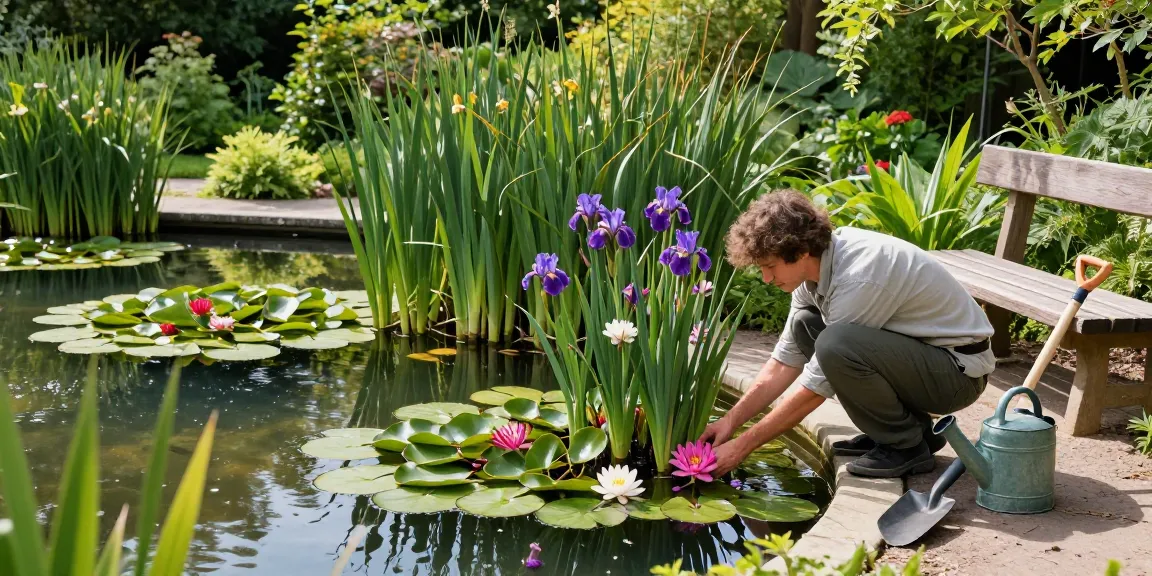 Vibrant British pond plants being planted by a gardener beside a serene pond.