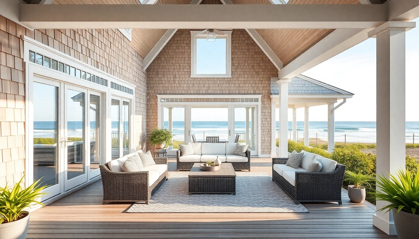 Enhance your space with a stunning cape cod home addition featuring large windows and a beach backdrop.