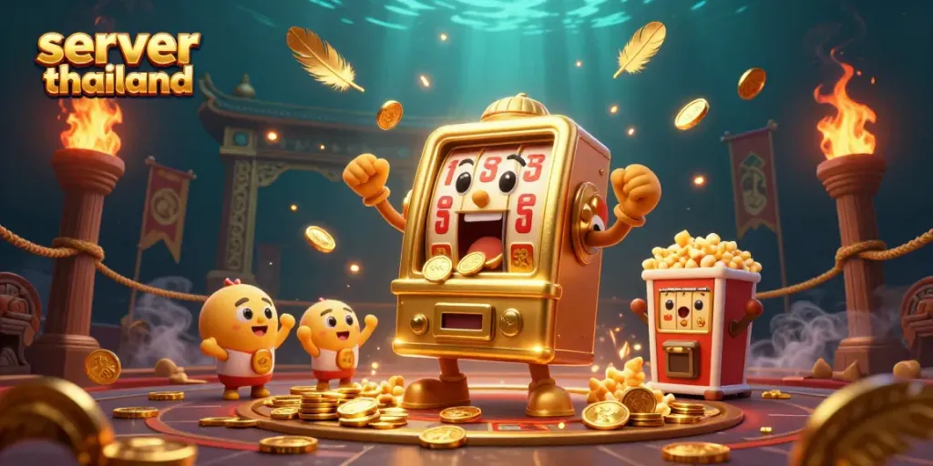 Experience the thrill of winning at a casino with the server thailand slot machine hitting jackpots and celebrating.