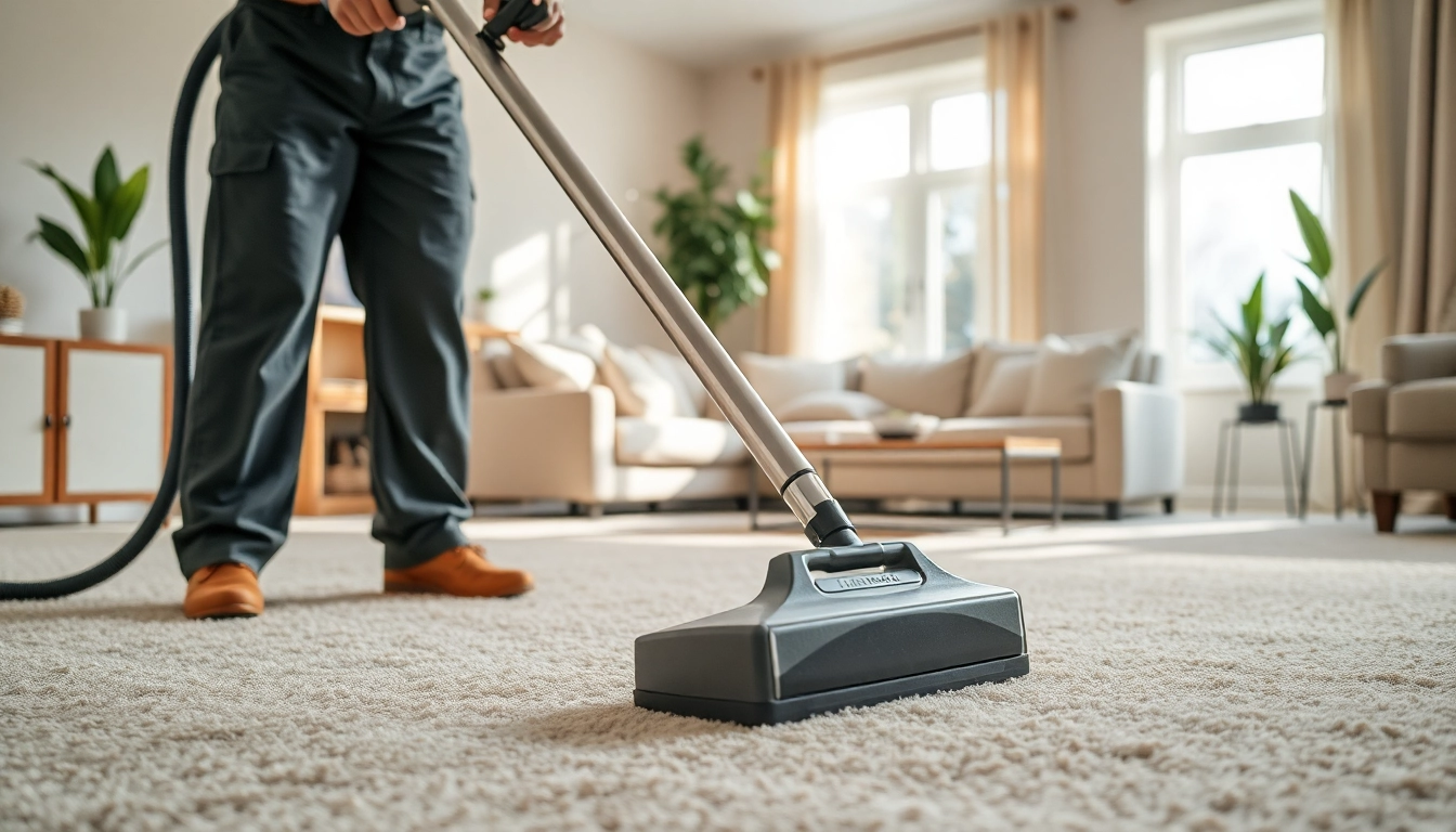 Best carpet cleaning company technician deep cleaning a plush carpet in a bright living room.