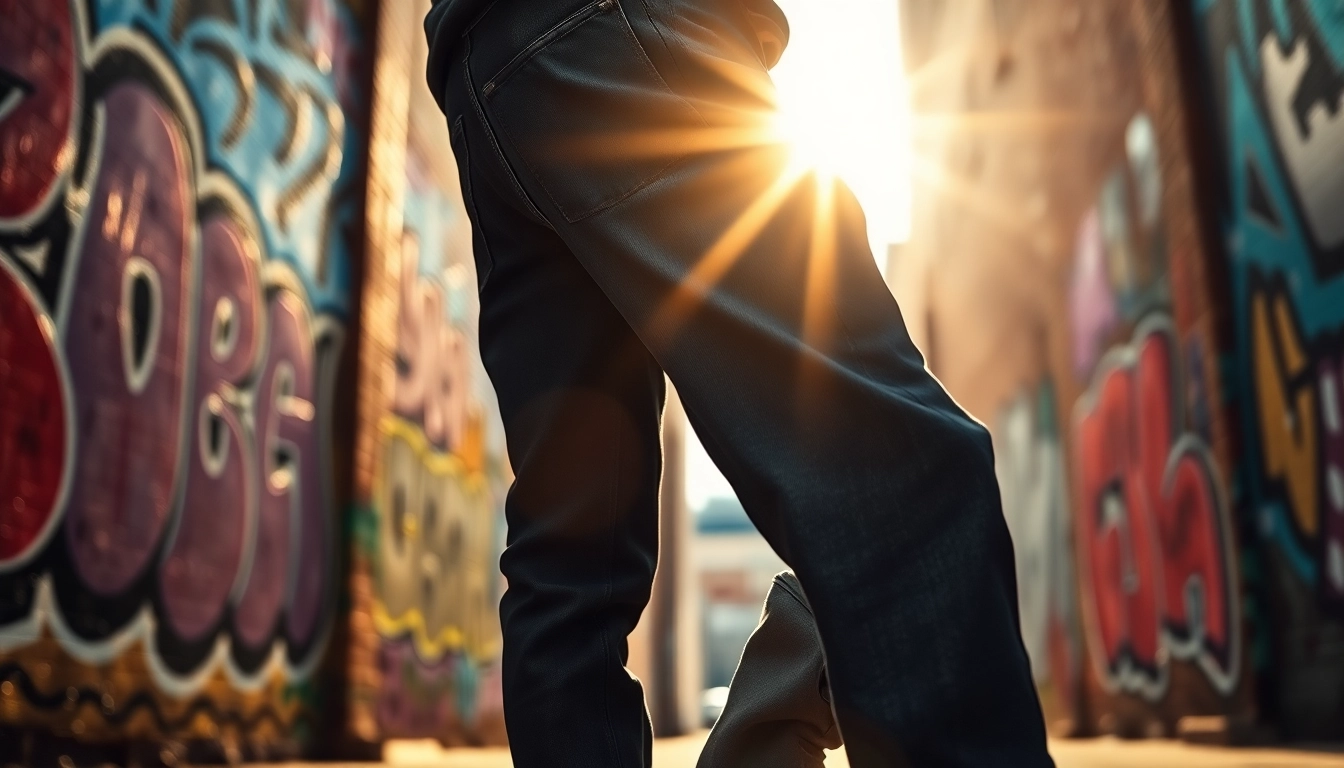 Model showcasing baggy black jeans against a vibrant urban backdrop.