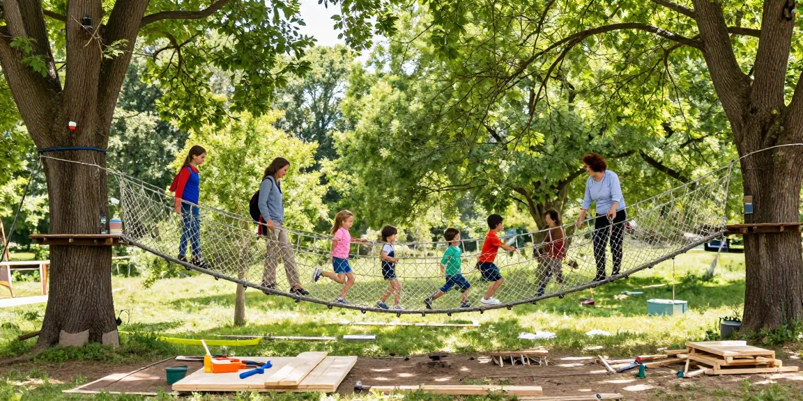 Rope Bridge design connecting trees with a family crossing, joyful outdoor DIY project.
