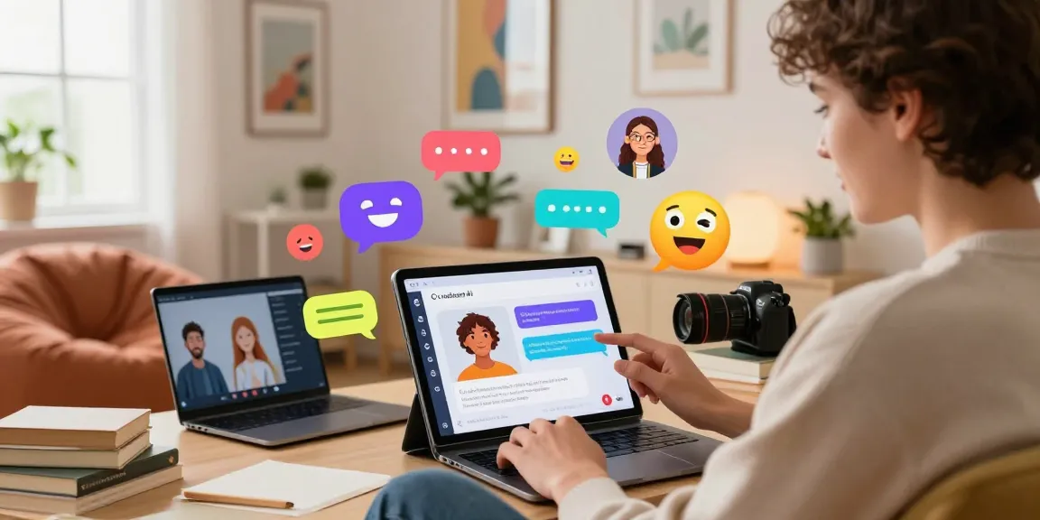 Engaging scene with user chatting on CrushonAI tablet, showcasing dynamic avatars and AI interaction in modern office.