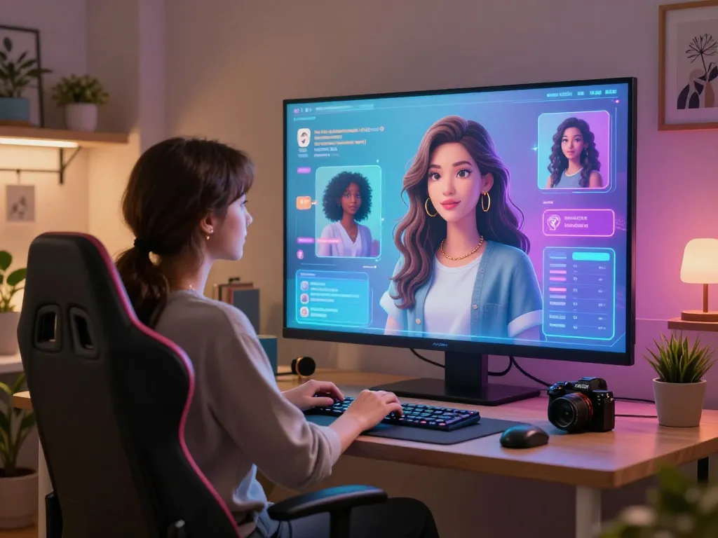 Engaging AI girlfriend chat session showcasing diverse avatars in a modern virtual environment.