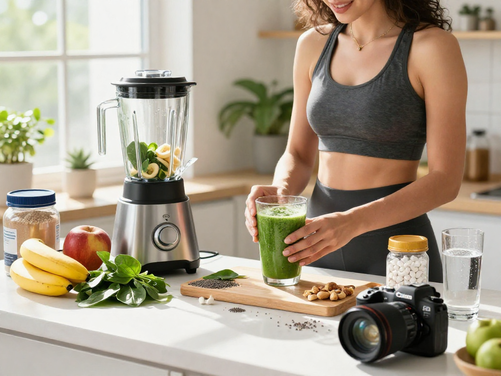 Preparing a smoothie with science-backed supplements in a bright kitchen.