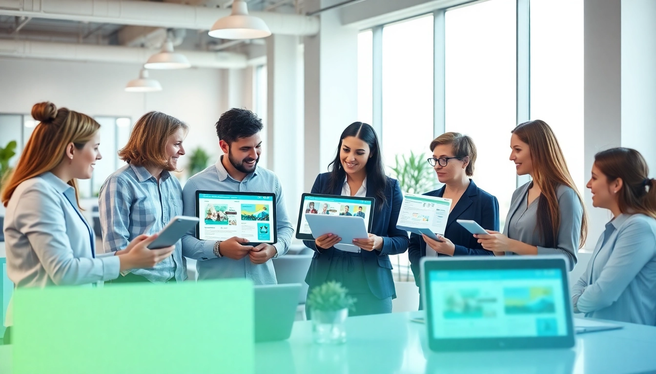 Werbeagentur kreative Teamarbeit in einem modernen Büro mit Laptops und Designs.
