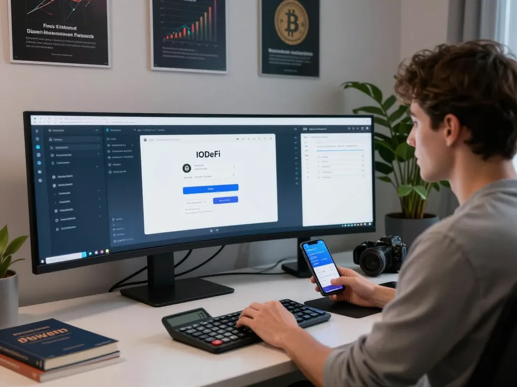 IODeFi login interface in a digital finance workspace, showcasing modern cryptocurrency management tools and user engagement.