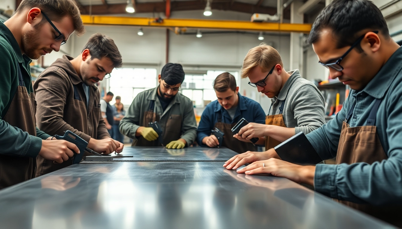 Engage in sheet metal training with skilled workers in a workshop environment, demonstrating hands-on techniques.