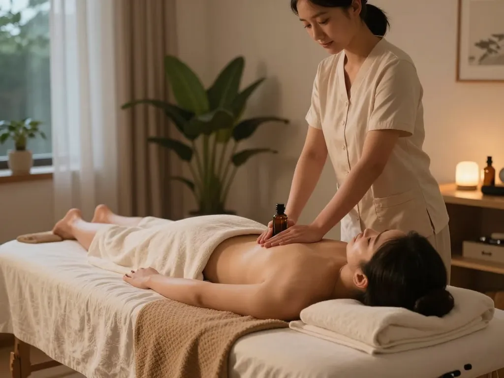 편안한 가정 환경에서 릴렉싱 출장마사지 서비스를 즐기는 모습.