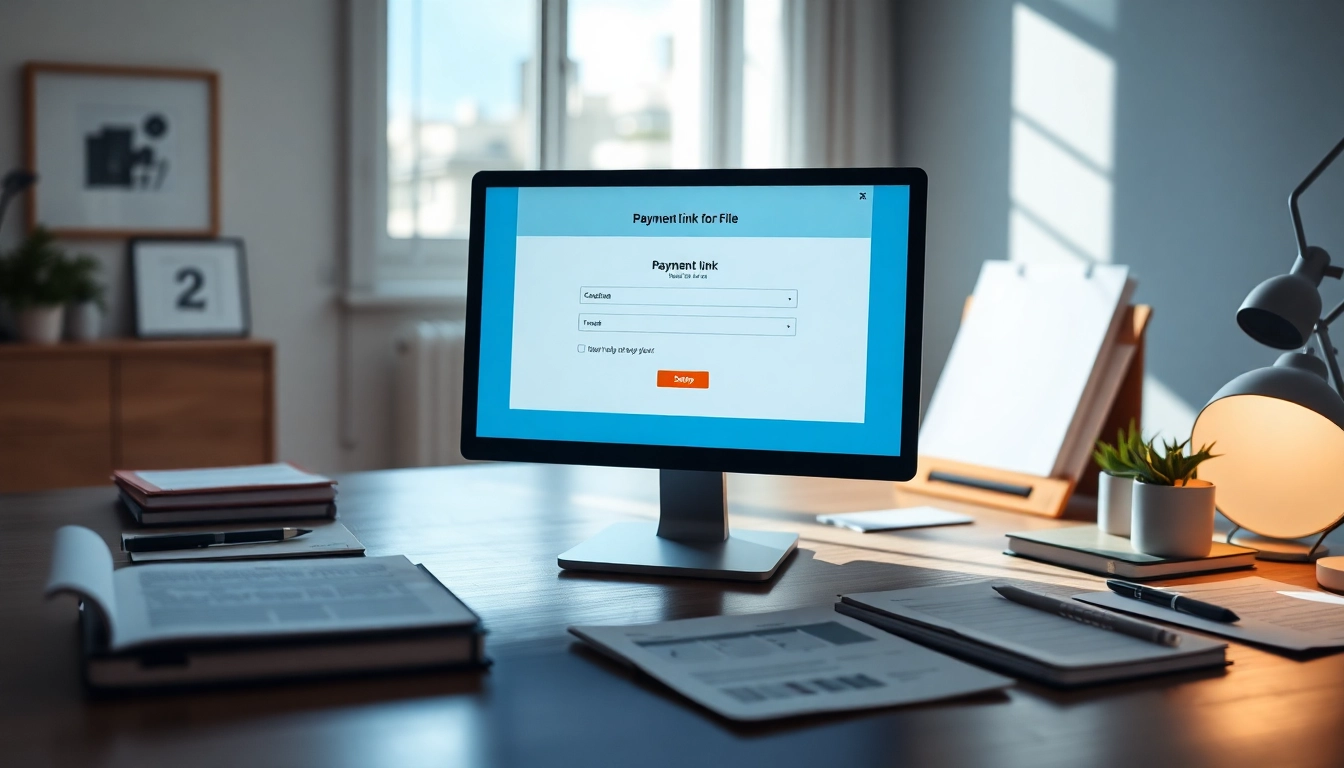 Creating a pay link for a file illustrated in a professional workspace with documents and a computer.
