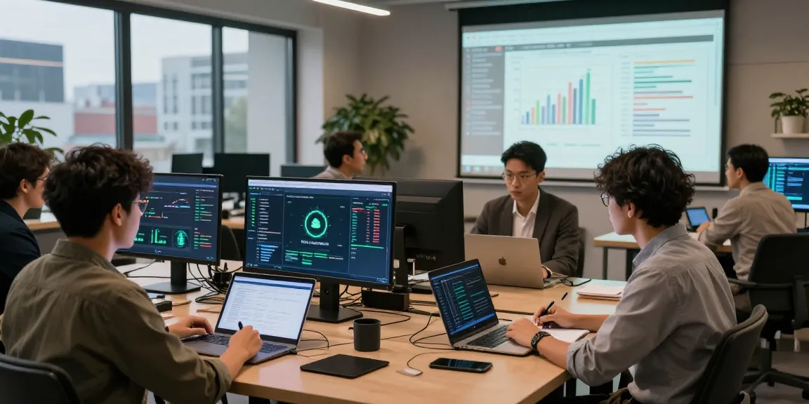 Dynamic scene of professionals discussing cloud mining service and DeFi strategies in a collaborative tech workspace.