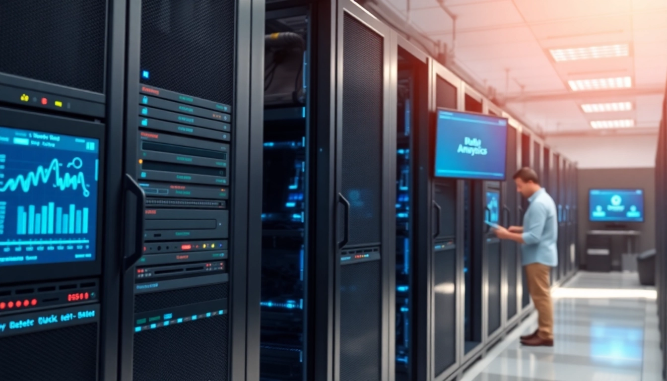 Visualize Hybrid Cloud Solutions through interconnected servers and a technician managing a data center.