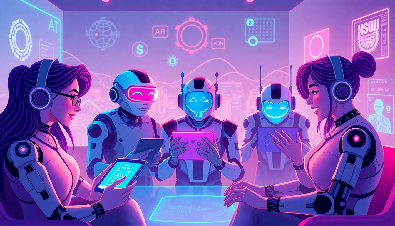 A vibrant digital illustration of users engaging with the best nsfw ai chatbots, depicting futuristic interactions with diverse AI characters.