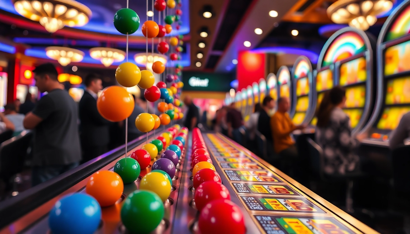 Permainan slot plinko yang menampilkan bola berwarna cerah jatuh di papan permainan dan pengganda kemenangan