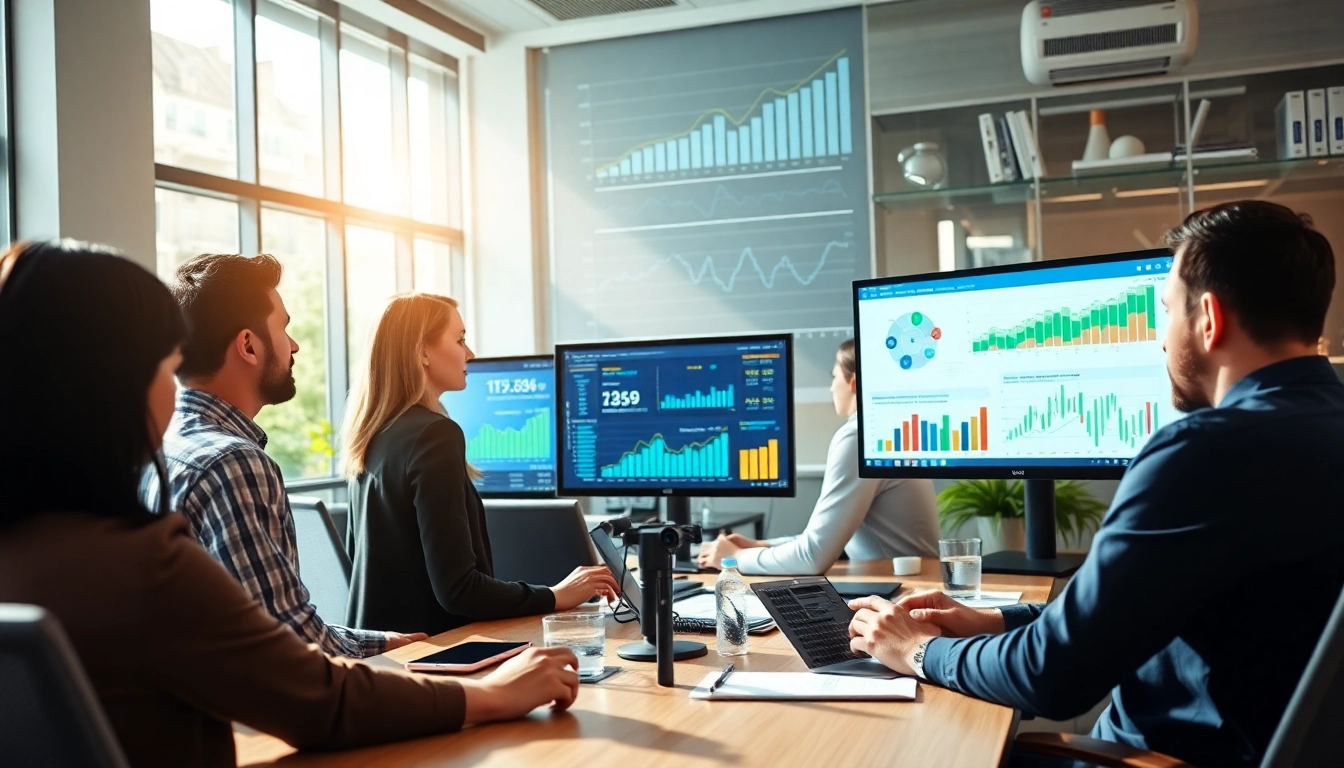 Analyze AI for competitor analysis tools in a collaborative office with digital displays.