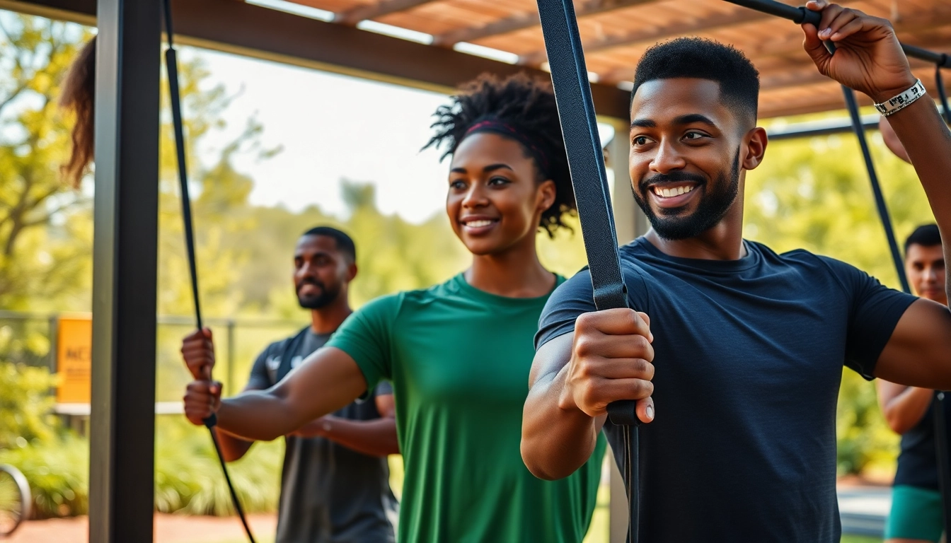 Group exercising with stretch bands for pull-ups in an outdoor gym, promoting fitness and community.