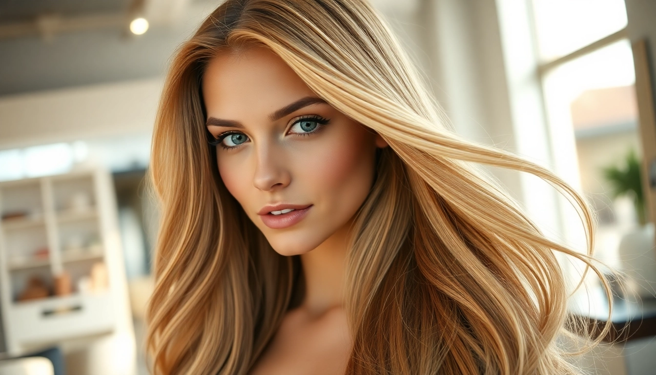 Model flaunting stunning genius weft hair extensions in a chic salon setting, showcasing elegance and style.