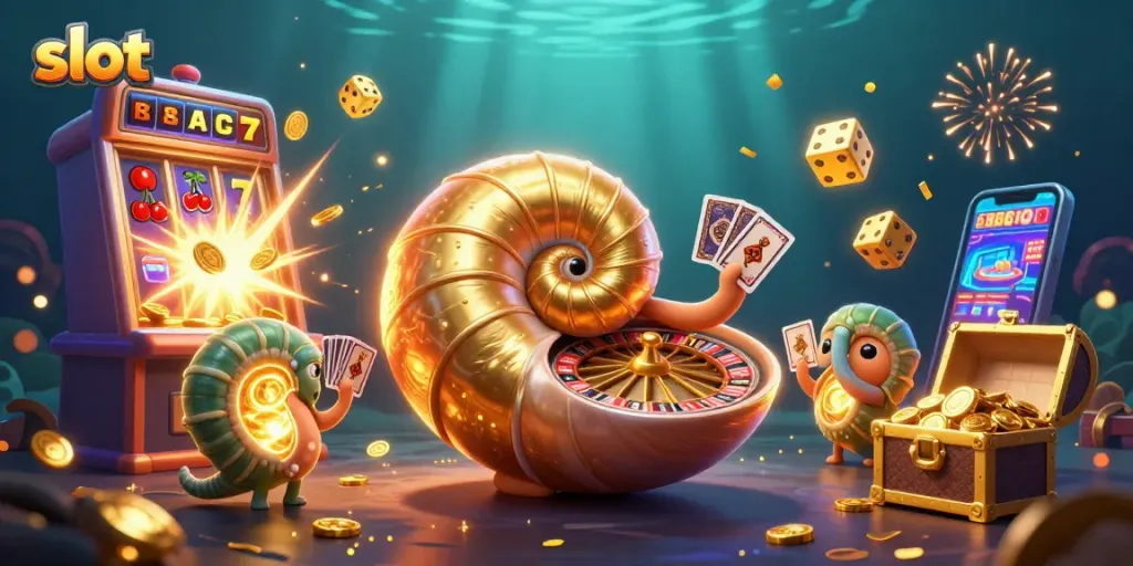 Menggenggam slot yang mengeluarkan jackpot dengan karakter nautilus 3D dalam suasana kasino.