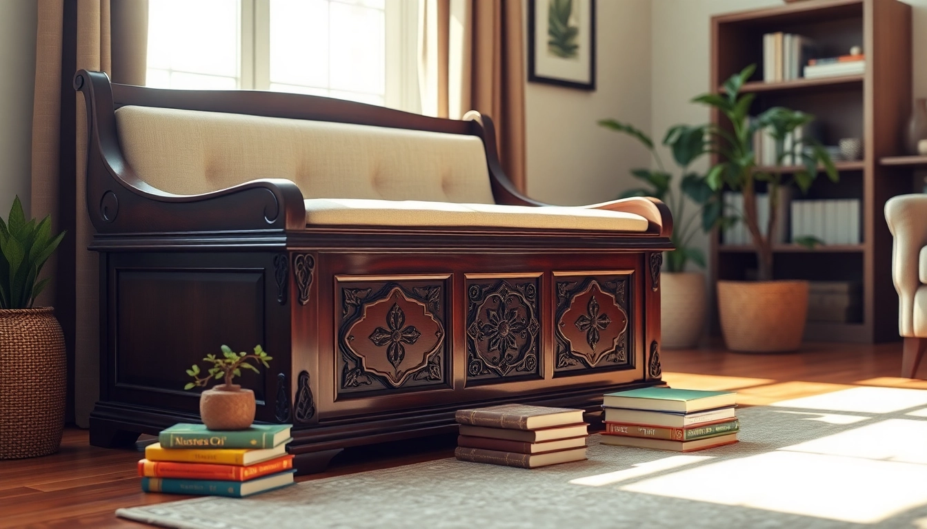 Storage Bench with decorative elements enhancing the cozy living room setting.