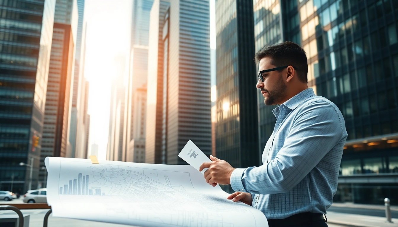 Urban planner reviewing city plans amidst a bustling urban landscape.