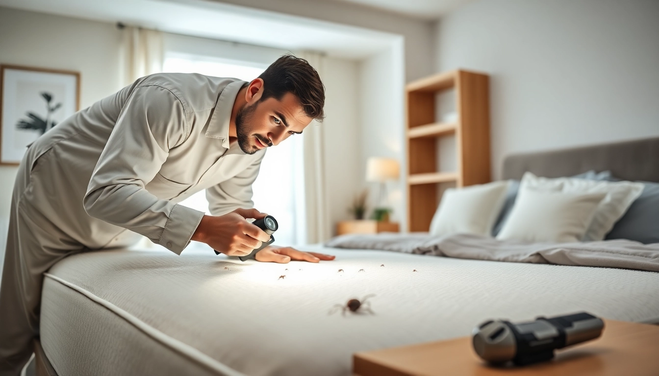 Local bed bug exterminators inspecting a mattress in a well-lit bedroom.