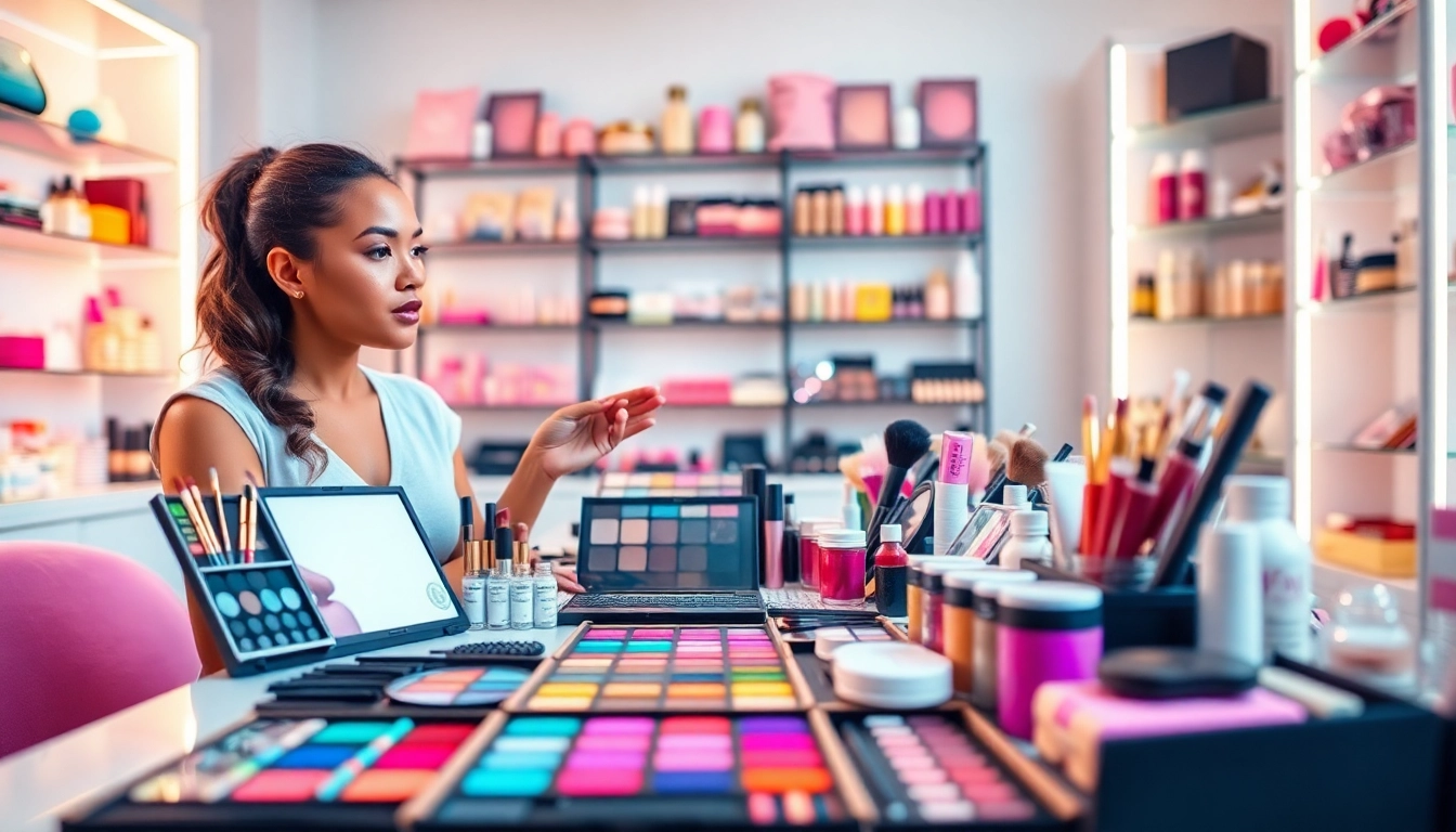Showcasing high-quality wholesale makeup products on a stylish display table.