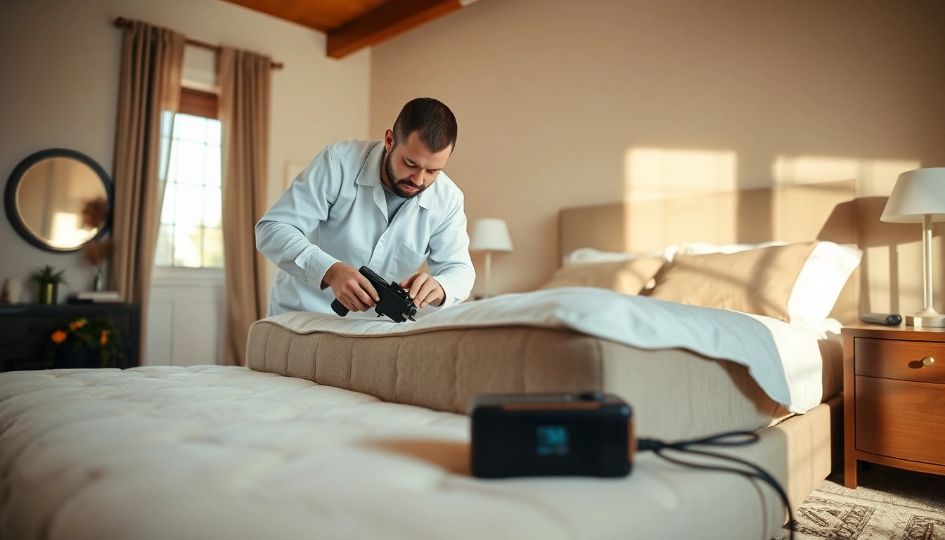 Local bed bug exterminators inspecting a clean bedroom for bed bugs.