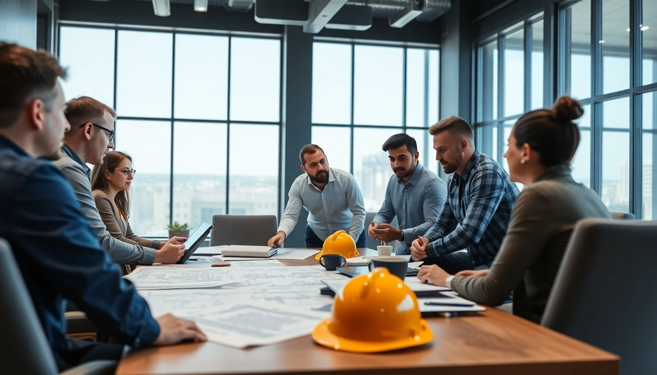 Collaboration among construction association members in a modern setting, emphasizing teamwork and planning.