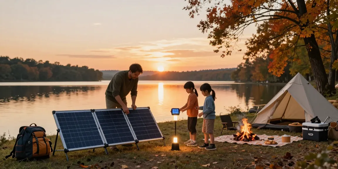 Family using a foldable solar panel by a lakeside during sunset, showcasing outdoor renewable energy.