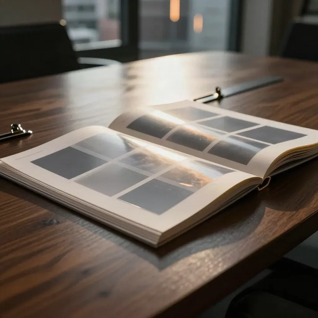 Open pitch deck on a walnut conference table, translucent sheets settling under city glow.
