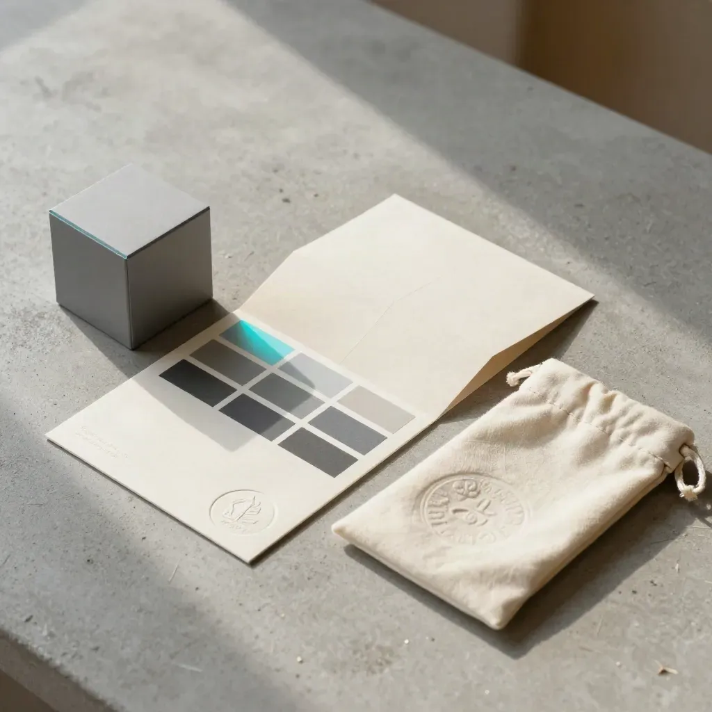 Overhead launch kit on concrete with logo cube, stationery, color chips, seal card and pouch in soft morning light.