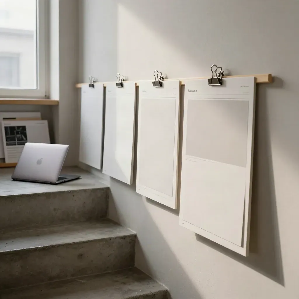 Clipped website page boards beside a closed laptop on a stair landing in storm-bright studio light.