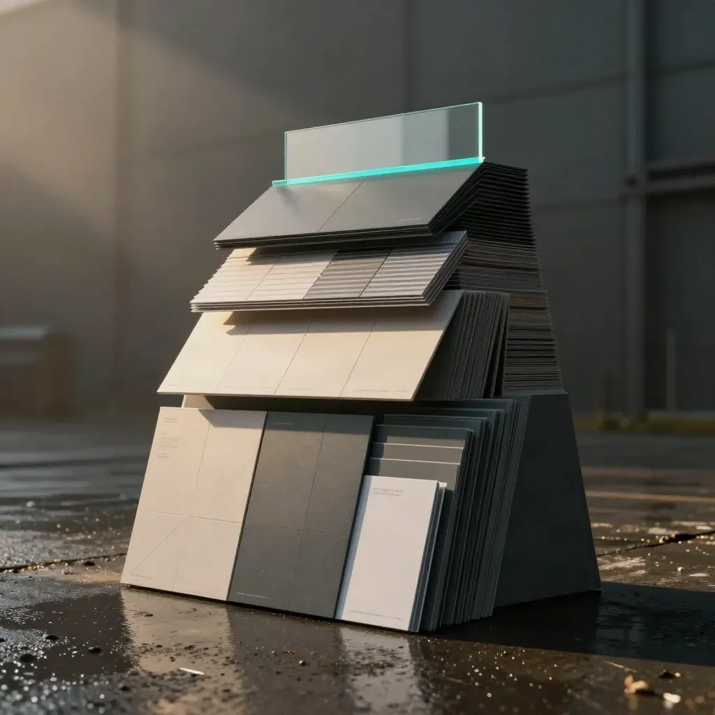 Cinematic stack of identity boards, logo tiles and mockups on wet concrete in rainlight