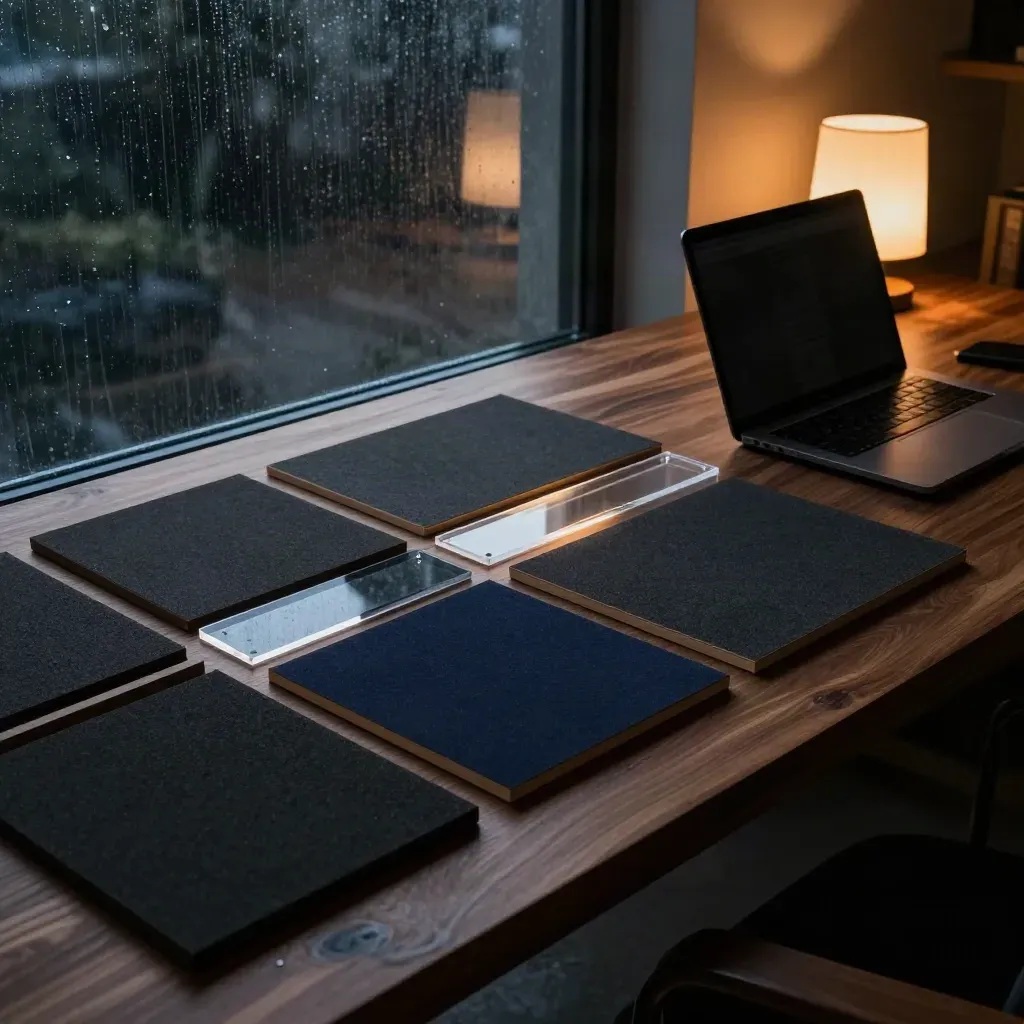 Dark laptop and wireframe boards on a rainy late-night redesign desk