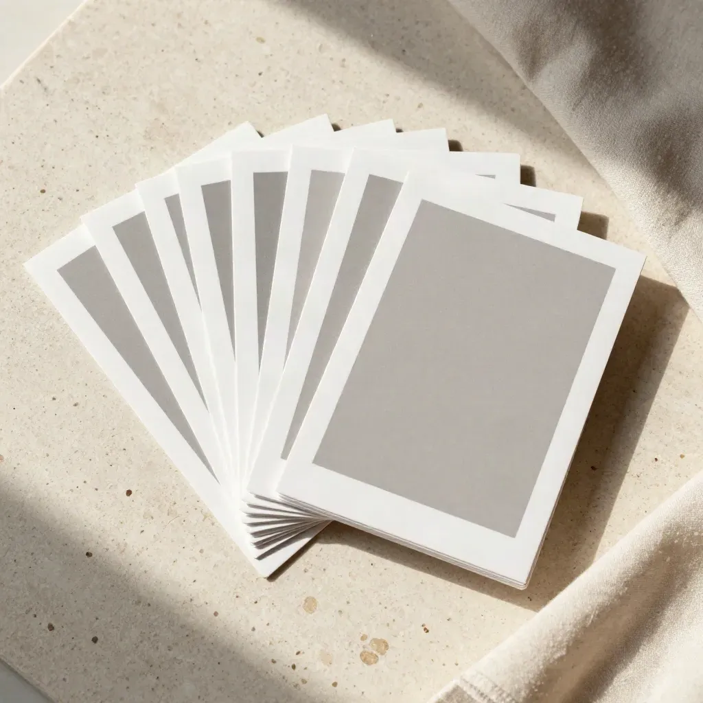 Overhead flatlay of social post mockup prints, phone-shaped proofs, and folded cloth on travertine.