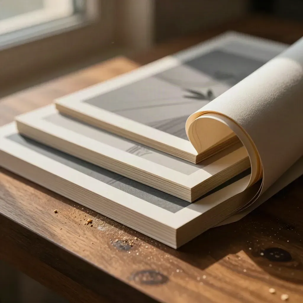 Macro of ad tiles, cut-paper frames, and a matte backing board roll in warm window light.