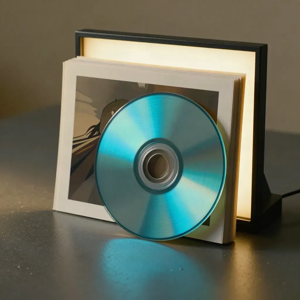 Stacked acetate animation frames and a glowing lightbox on a dark studio table, lit by cyan dust.