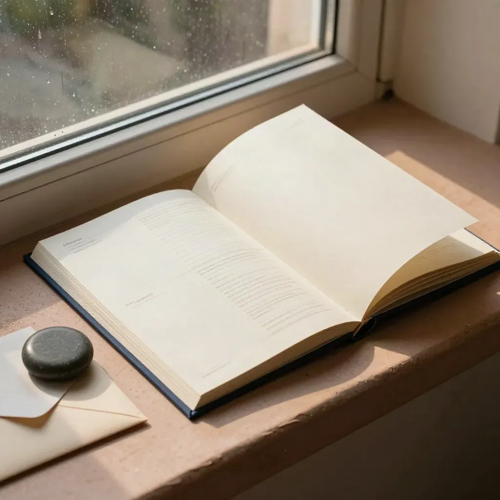 Open brand manual with swatches, divider tabs and paperweight on a rain-lit ledge.
