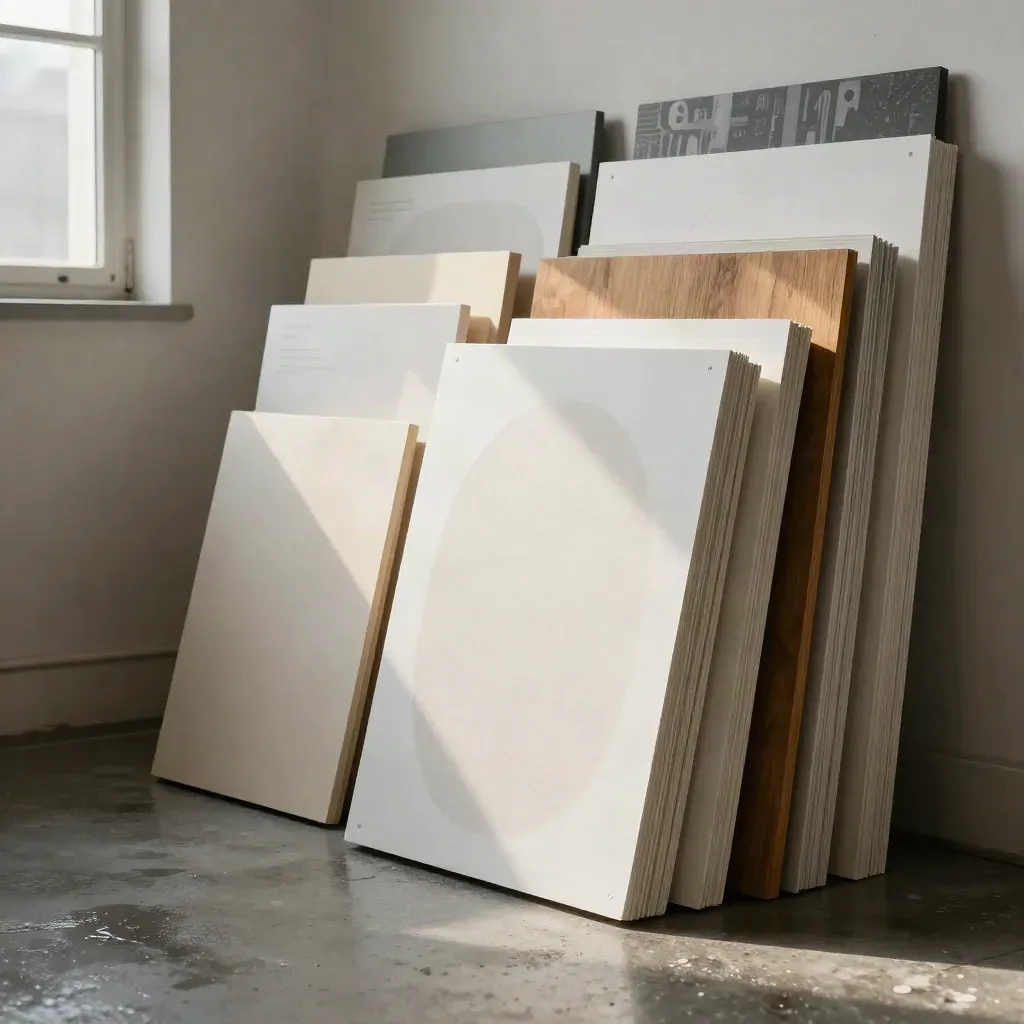 Floor-level view of logo prototype boards leaning in a rain-damp loft studio corner.