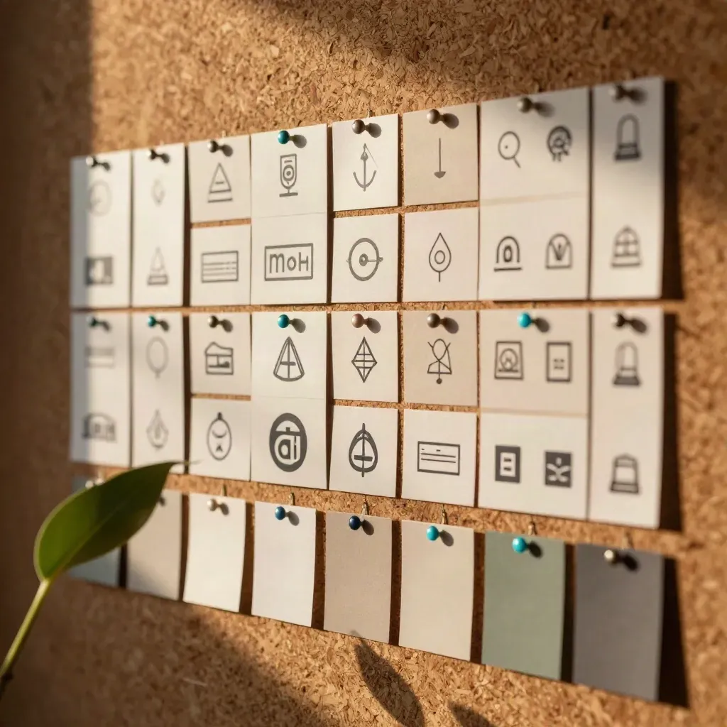 Cork wall grid of logo studies with a small plant and sample cards in warm light.
