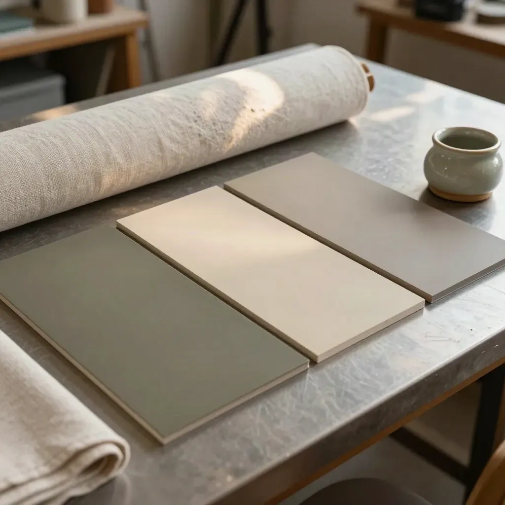 Color swatches, fabric roll, and ceramic sample on a studio bench in warm light.
