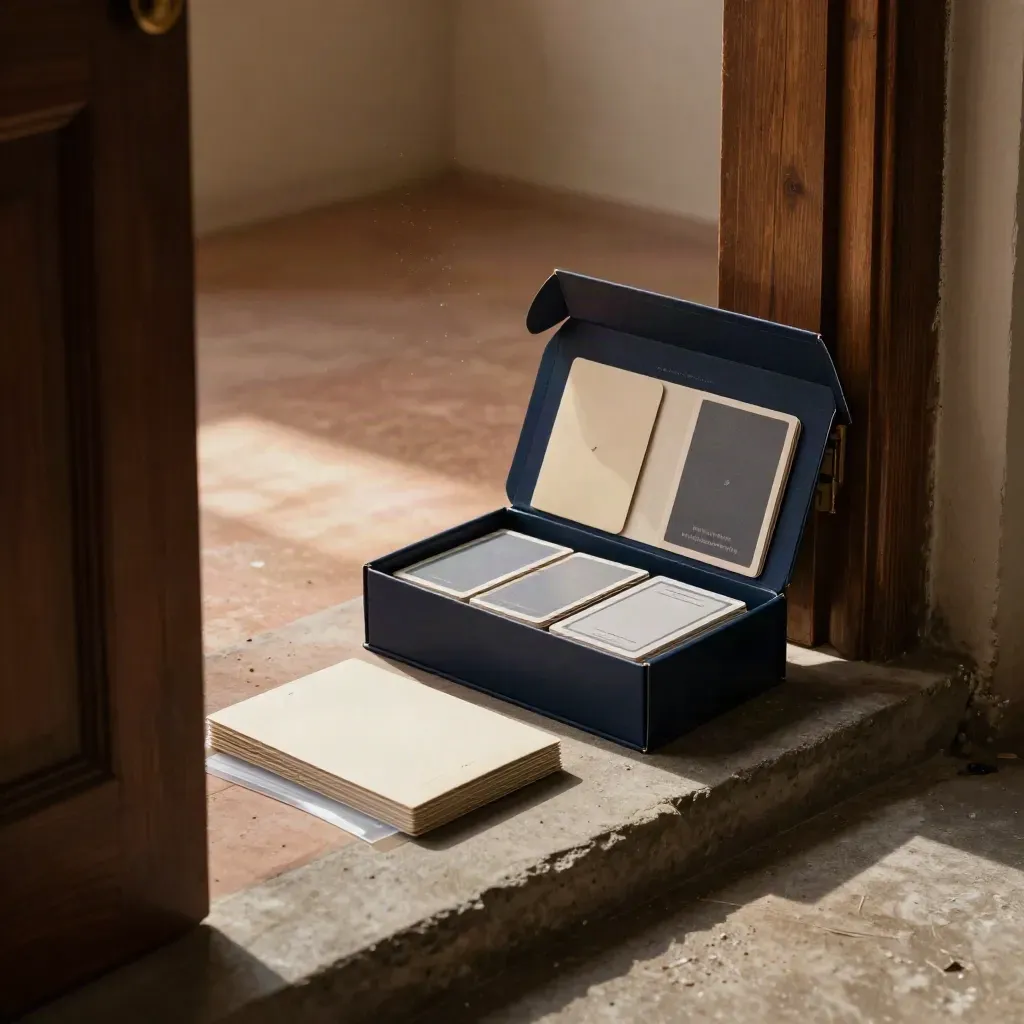 Open founder's launch pack box by a doorway, lit by a dramatic beam in a dark studio.