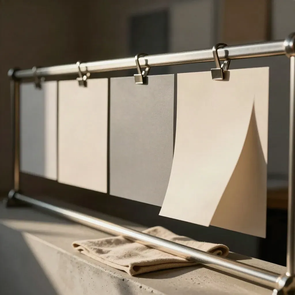 Row of social cover mockups on a rail as one card lifts in a breeze, with a cloth below.
