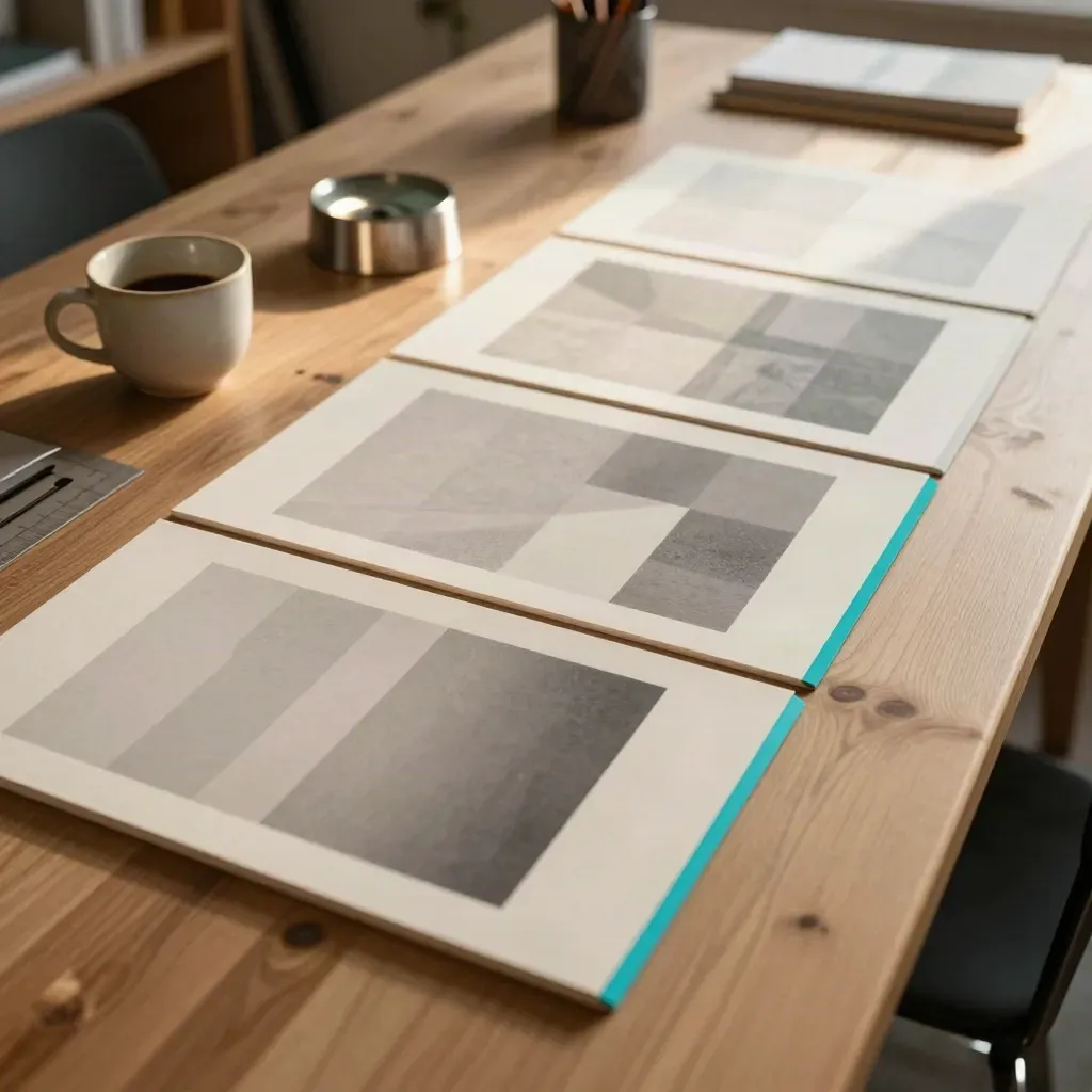 Three slide tiles on a review table with coffee, paperweight, and cyan accent light